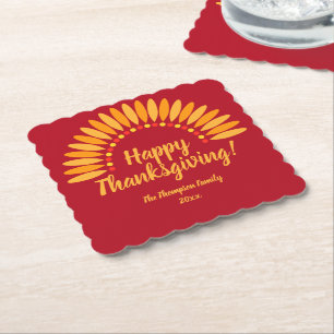 Add Name Year Happy Thanksgiving Yellows on Red Paper Coaster