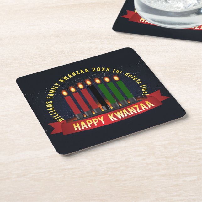 Add Name Year Kwanzaa Candles Square Paper Coaster (Angled)