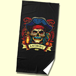 Add Name Year, Pirate Skull Face Blue Hat on Black Beach Towel