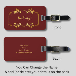 Add Name, Yellow Gold on Maroon Dark Red  Luggage Tag