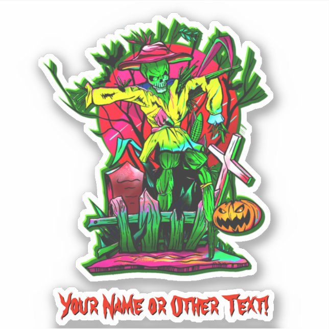Add Name, Yellow Green Skull Scarecrow over Fence  (Front)