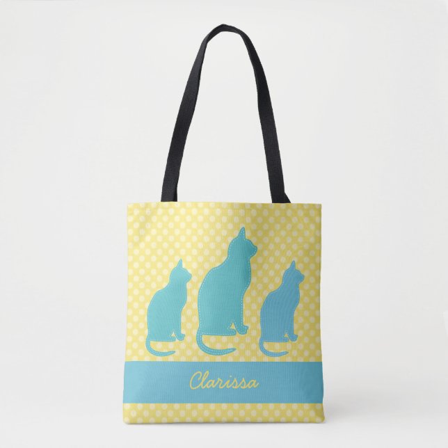 Add Name Yellow Polka Dot with Blue Cats Tote Bag (Front)