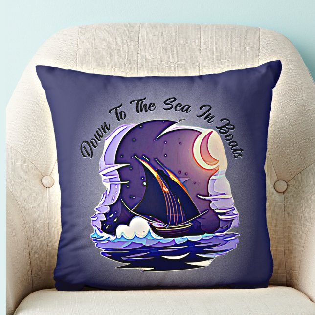 Add Name Your Text, Sailing Ship, Clouds Moon Blue Cushion (Creator Uploaded)