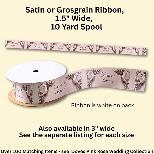 Add Names, 1.5" Pink Roses & Doves Wedding Satin Ribbon (Creator Uploaded)