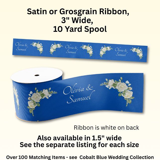 Add Names, 3" Wide Cobalt Blue White Roses Grosgrain Ribbon (Creator Uploaded)