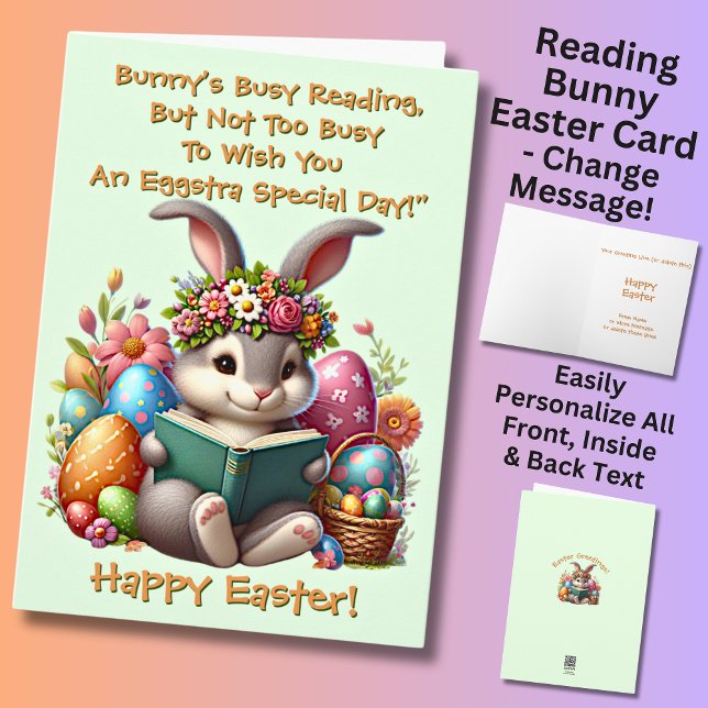 Add Names, Bunny's Busy Reading, with Eggs, Easter Card (Creator Uploaded)