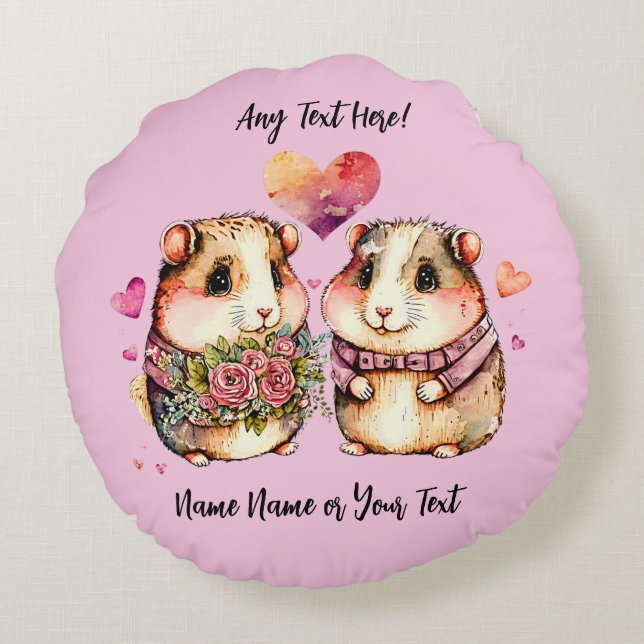 Add Names Change ALL Text Guinea Pigs Valentines + Round Cushion (Back)