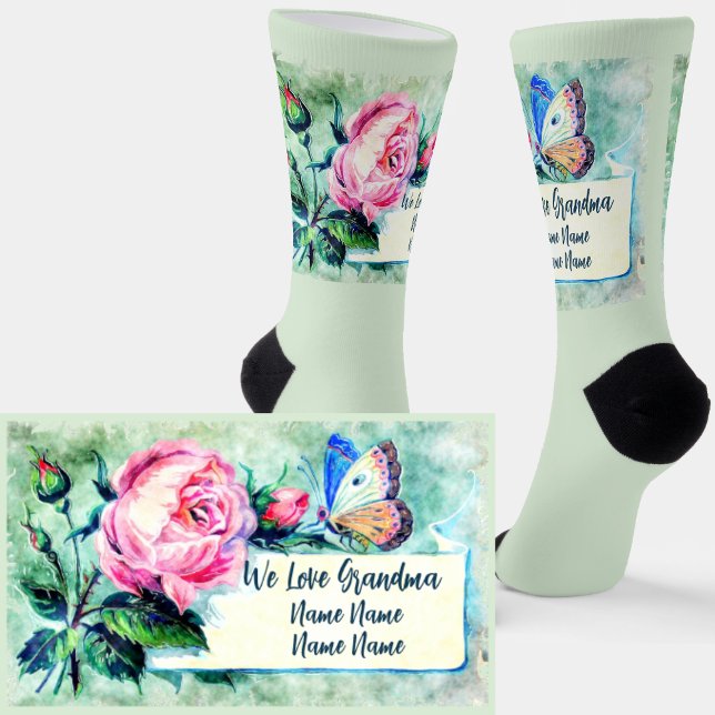 Add Names, Grandmother Pink Rose Floral Pale Blue Socks (Creator Uploaded)