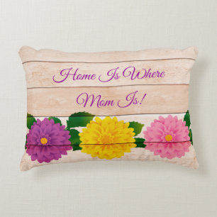 Add Names Home Is Where Mum Is Wood Pink Floral Decorative Cushion