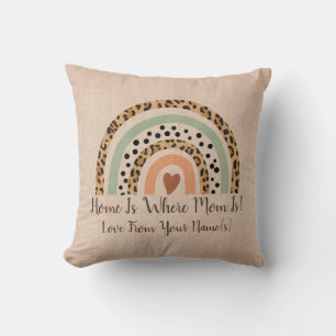 Add Names Home is Where Mum  Leopard Rainbow Beige Cushion