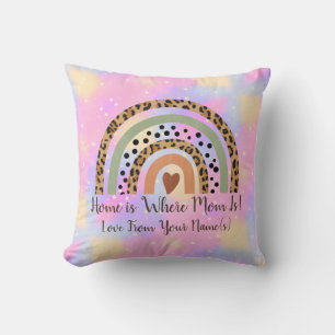 Add Names Home is Where Mum Leopard Rainbow Pink Cushion