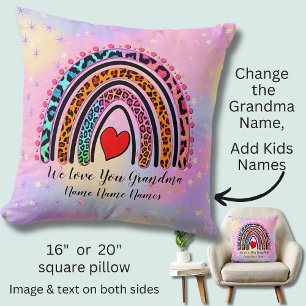 Add Names Text Grandma Heart Boho Rainbow Leopard Cushion