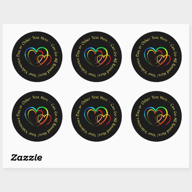Add Names Text Message - Hearts on Black Classic Round Sticker (Sheet)