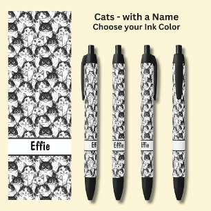 Add Owner or Cat's Name, Cats Illustration Black Ink Pen