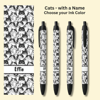 Add Owner or Cat's Name, Cats Illustration Black Ink Pen
