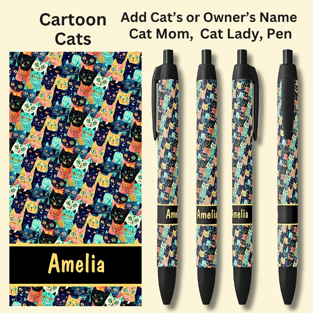 Add Owner or Cat's Name, Funny Cartoon Cats Black Ink Pen (Creator Uploaded)