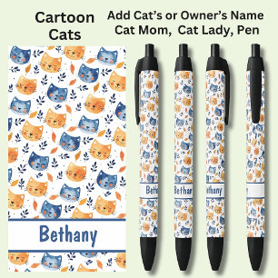 Add Owner or Cat's Name, Peaceful Cartoon Cats Black Ink Pen