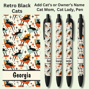 Add Owner or Cat's Name, Retro Cool Black Cats Ink Pen
