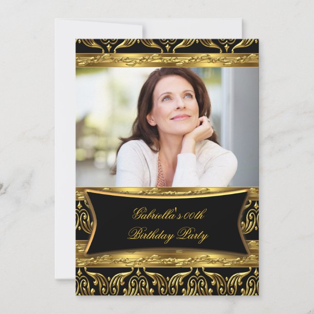 Add Photo Black Damask Gold Birthday Party Invitation (Front)