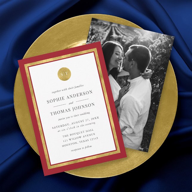 Add Photo Custom Colour Gold Round Monogram Weddin Invitation (Creator Uploaded)
