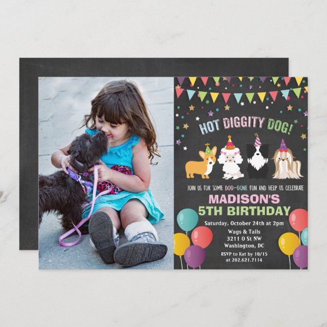 ADD PHOTO - Dog Puppy Birthday Chalk Invitation (Front/Back)
