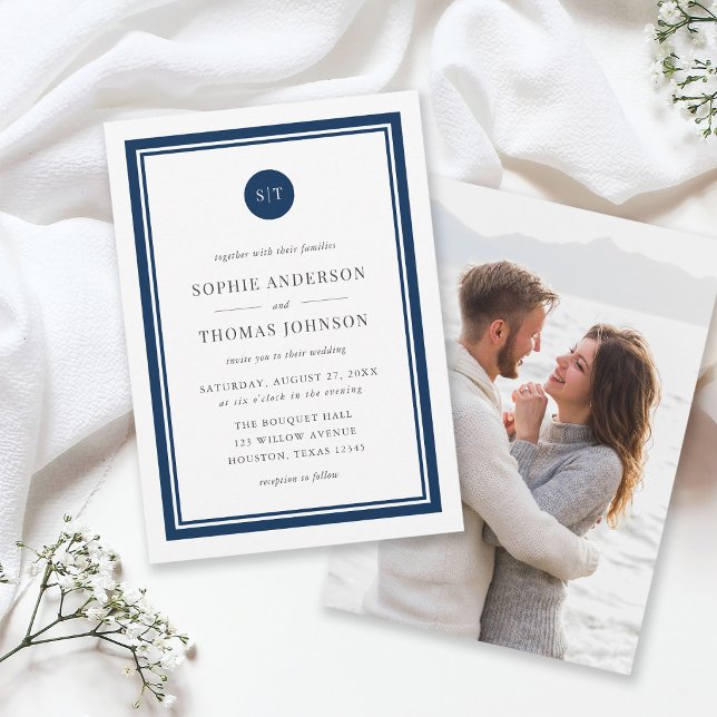 Add Photo Editable Colour Round Monogram Wedding Invitation (Creator Uploaded)