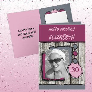 Add photo name grey magenta 30th birthday card