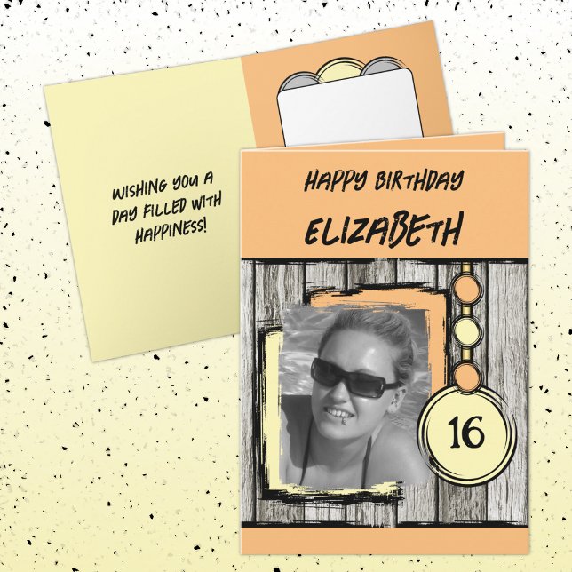 Add photo name orange yellow 16th birthday card (Creator Uploaded)