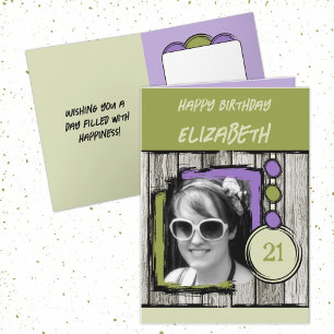 Add photo name purple green 21st birthday card
