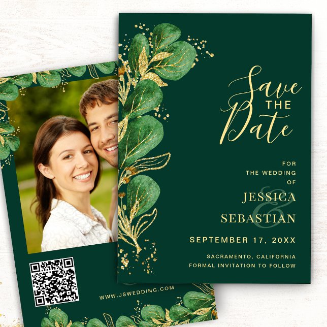 Add Photo QR Code Emerald Green Eucalyptus Elegant Save The Date (Creator Uploaded)