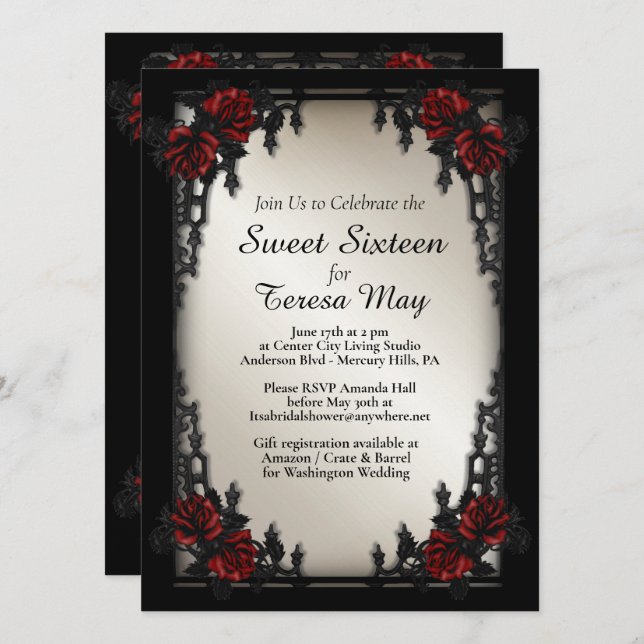  Add Photo Red Rose Gothic Sweet 16 Iron Gate Gold Invitation (Front/Back)