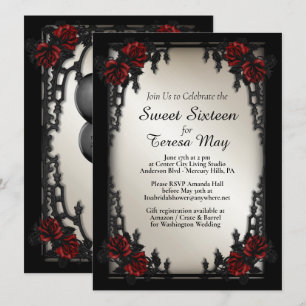  Add Photo Red Rose Gothic Sweet 16 Iron Gate Gold Invitation