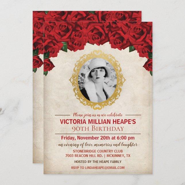 ADD PHOTO -  Roses Milestone Birthday Invitation (Front/Back)