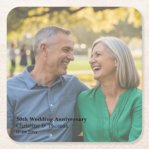 Add Photo Text Overlay 30th Wedding Anniversary  Square Paper Coaster