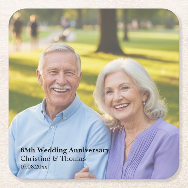 Add Photo Text Overlay 65th Wedding Anniversary  Square Paper Coaster (Front)