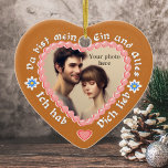 Add Photo to this Romantic German 'Lebkuchen' Ceramic Tree Decoration<br><div class="desc">A sweet tradition in Germany is to add a romantic message to a gingerbread heart-shape cookie. These frosted cookies can be seen during Oktoberfest, Christmas markets ('Christkindelmarkt') and also as tourist souvenirs. This lovely photo ornament has been created to resemble one of these decorated gingerbread biscuits. The message is in...</div>