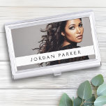 Add photo trendy fashion model name white stripe business card holder<br><div class="desc">Modern custom photo business card case with your name on a white stripe.</div>