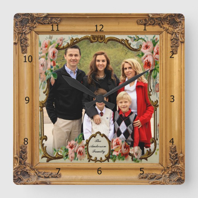 ADD PHOTO WOOD FRAME  SQUARE WALL CLOCK (Front)