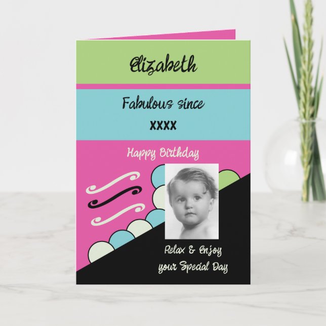 Add photo year name milestone birthday pink card (Front)