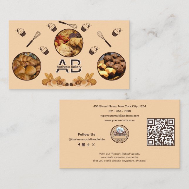 Add Photos Cute Professional Monogram Bakery Beige Business Card (Front/Back)