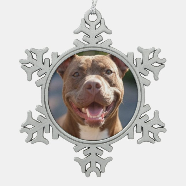 Add Pit Bull Photo Customise Snowflake Pewter Christmas Ornament (Front)