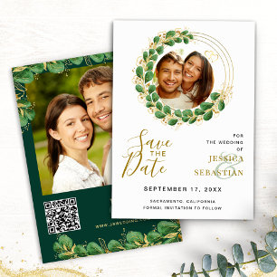 Add QR Code Photo White Emerald & Gold Elegant Save The Date