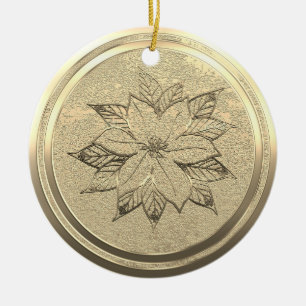 Add Text Gold Poinsettia December Ceramic Ornament