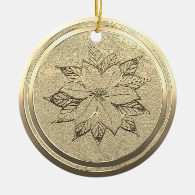 Add Text Gold Poinsettia December Ceramic Ornament (Front)