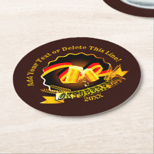 Add Text Name Year Oktoberfest Party 20xx Round Paper Coaster