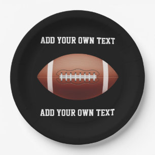 Add text on football throw pillow paper plate