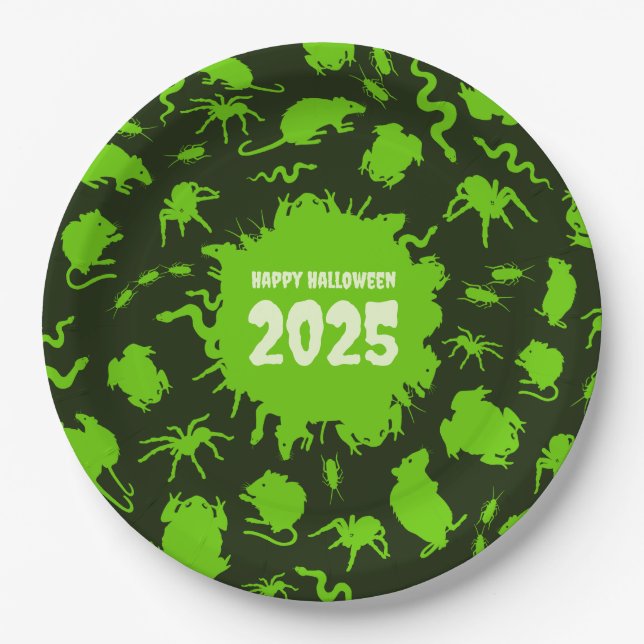 Add The Year Happy Halloween Green Creepy Crawlies Paper Plate (Front)
