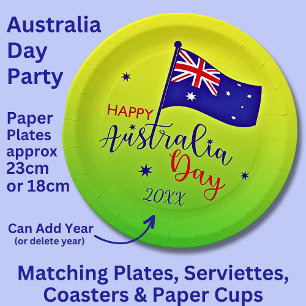 Add Year, Happy Australia Day Flag Green Gold  9" Paper Plate