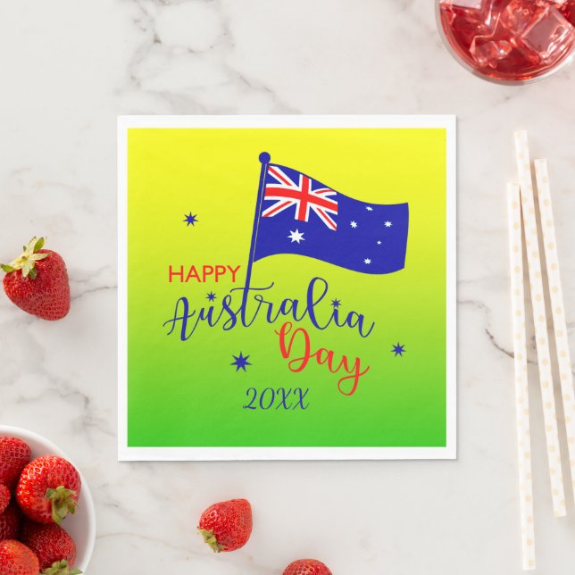 Add Year, Happy Australia Day Flag Green Gold   Napkin (Insitu)