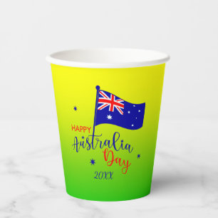 Add Year, Happy Australia Day Flag Green Gold Paper Cups
